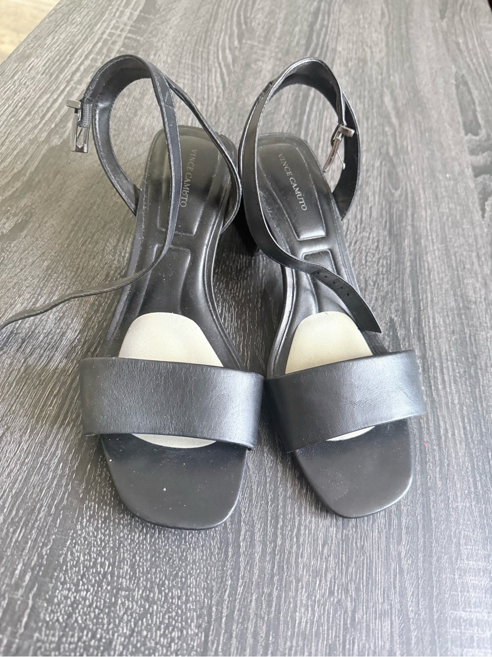 Vince Camuto Black Leather Open-Toe Ankle Strap Heels